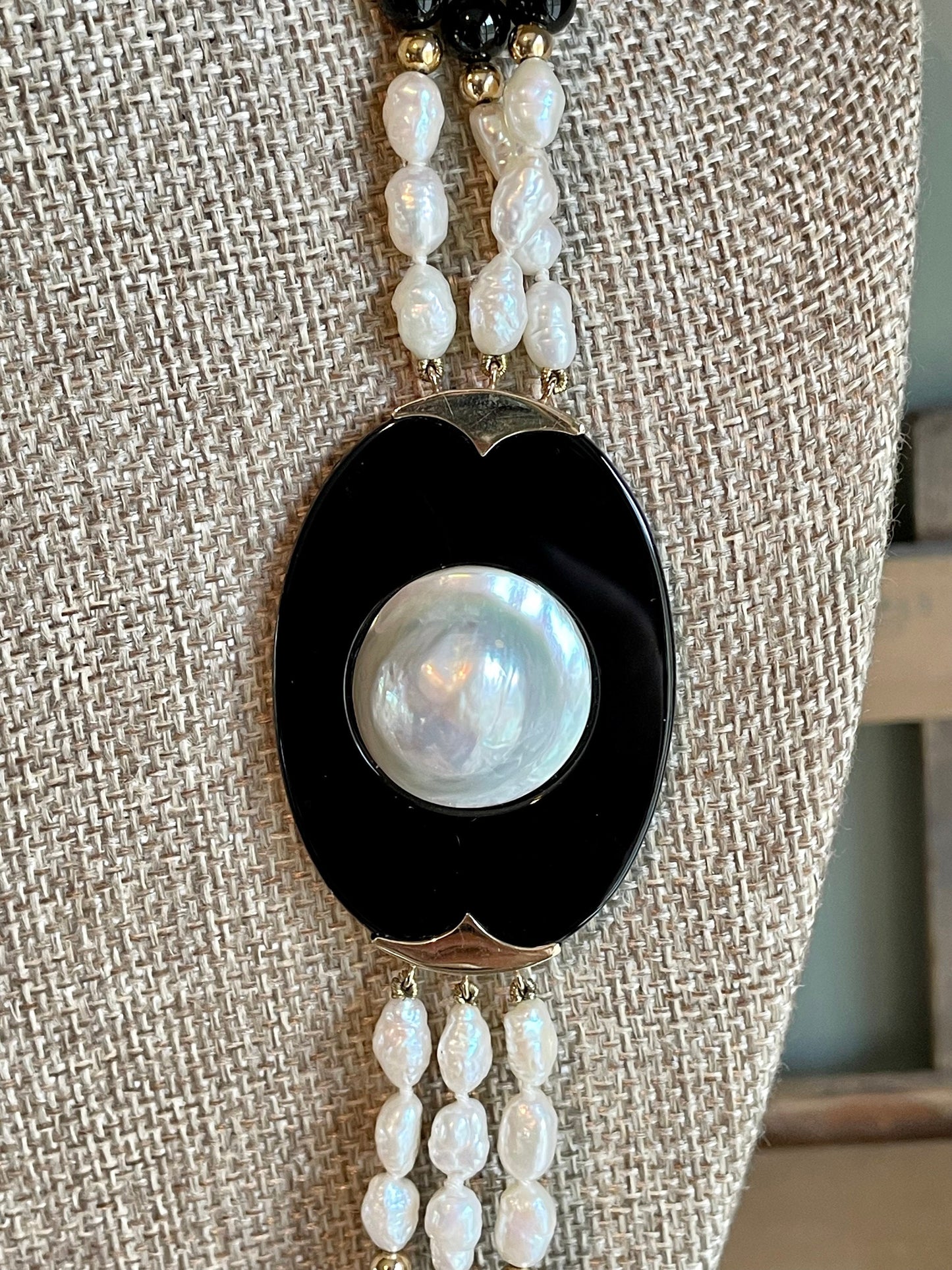 c1990 14K Yellow Gold Onyx, Mabe Pearl & Rice Pearl Multi Strand Necklace