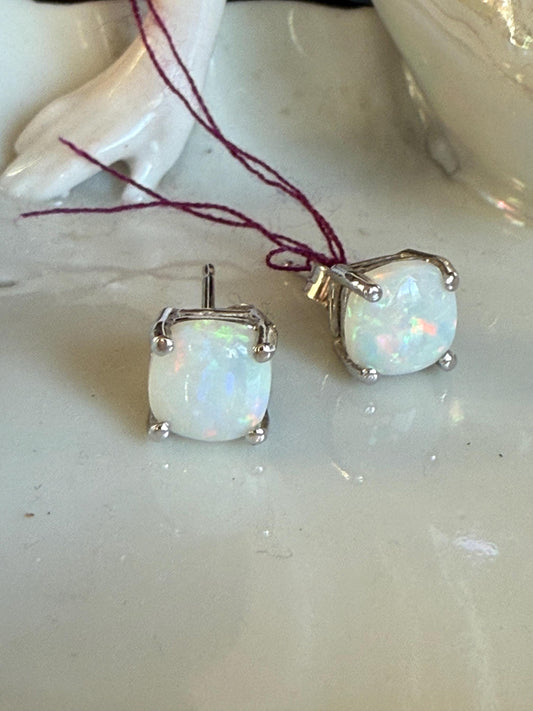 10K White Gold Cabochon Cut Opal Stud Earrings with 14K White Gold Tension Backs