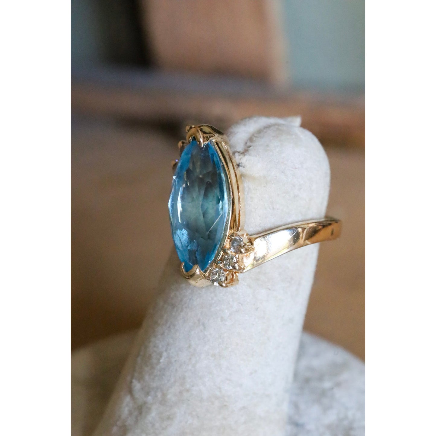 Vintage 10K Yellow Gold Marquis Cut Blue Topaz and Diamond Ring