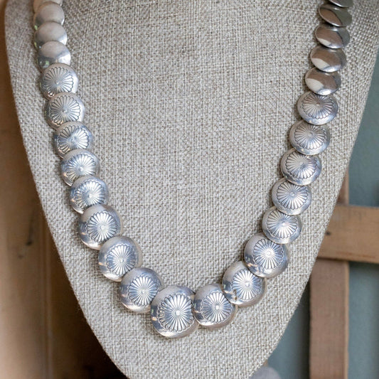 Vintage Sterling Silver Navajo Pillow Bead Concha Stamped Strand