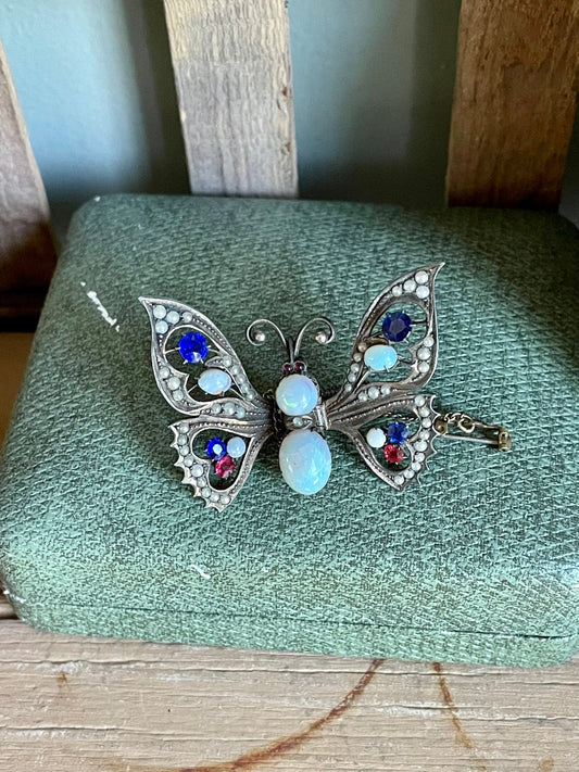 Late Victorian Early 20th Century 8K Opal Hinged Butterfly Brooch