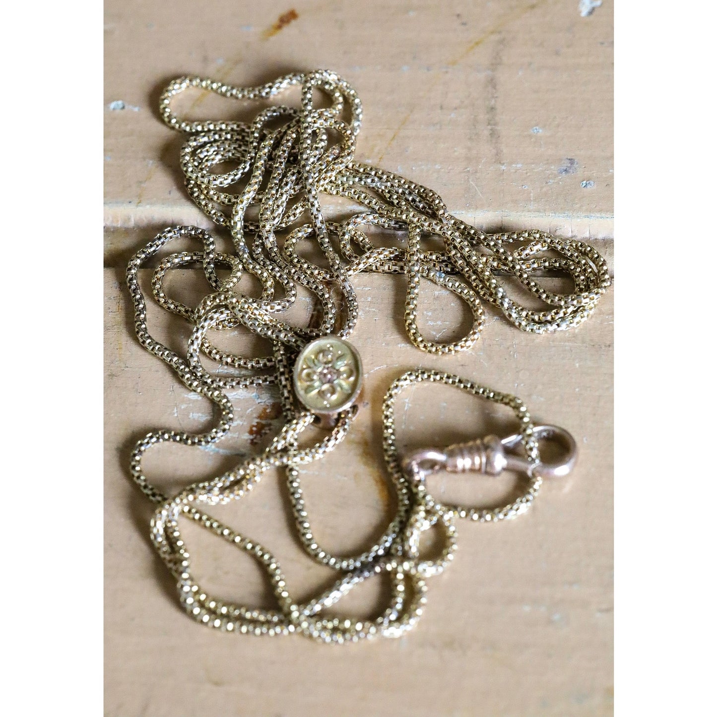 Victorian Watch Chain with Tri-color 10K Gold Slide and 10K Gold Dog Clip