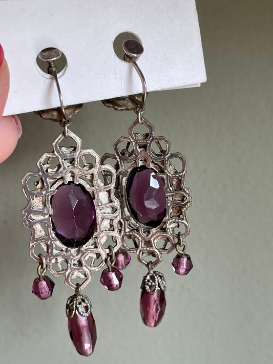 1920 Czechoslovakian Purple Glass Dangle Earrings