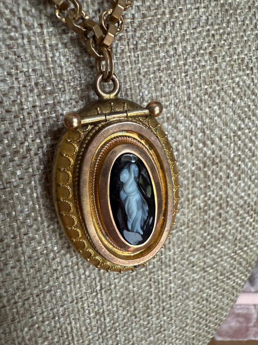c1880 Antique Victorian Carved Banded Agate Cameo Locket on Chain
