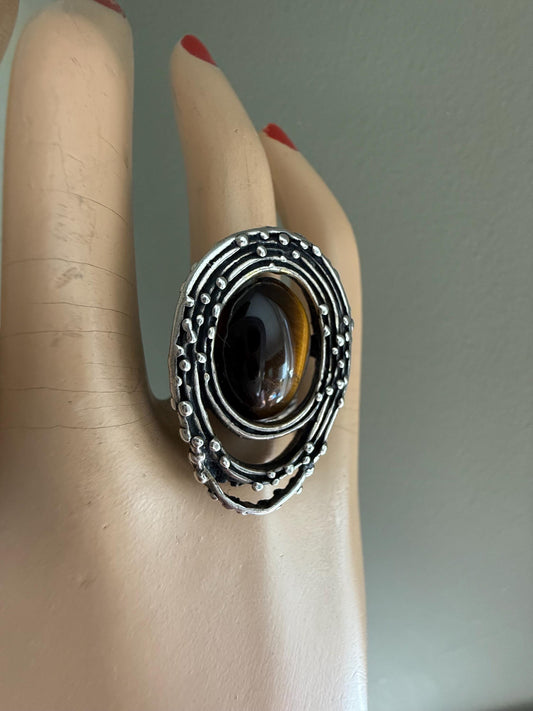 1960-1970 Sterling Silver Artist Made One of a Kind Tiger's Eye Ring