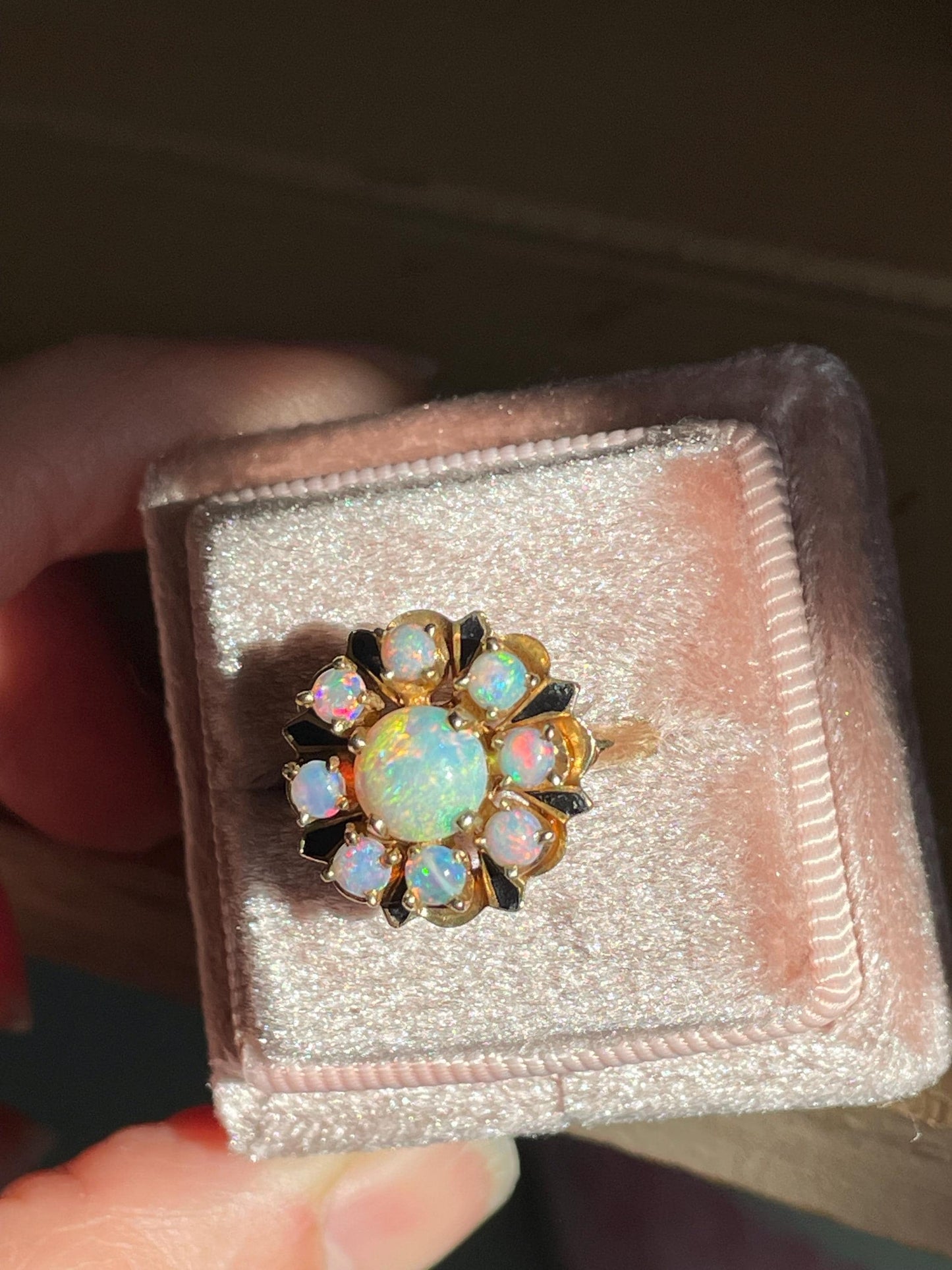 Vintage c1970 14K Yellow Gold Opal and Black Enamel Ring Victorian Revival