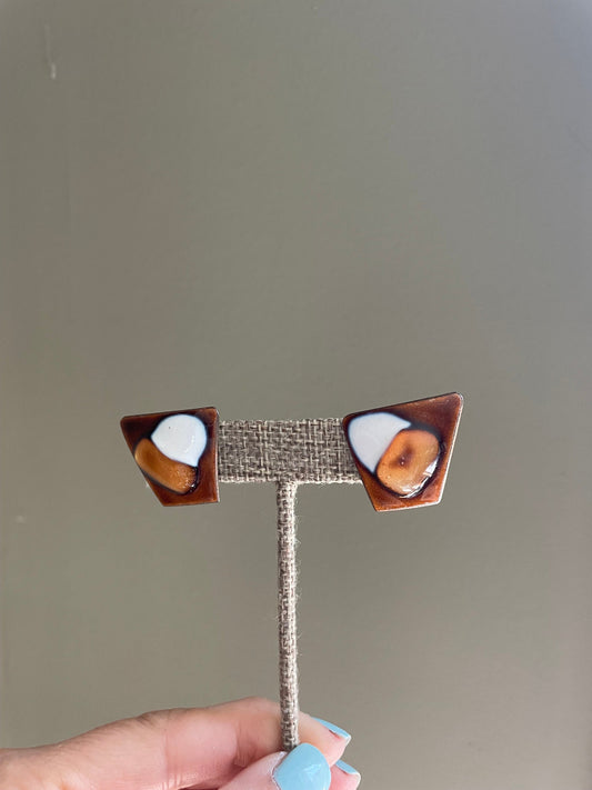 Kay Denning 1960's Brown and White Hand Enameled Earrings