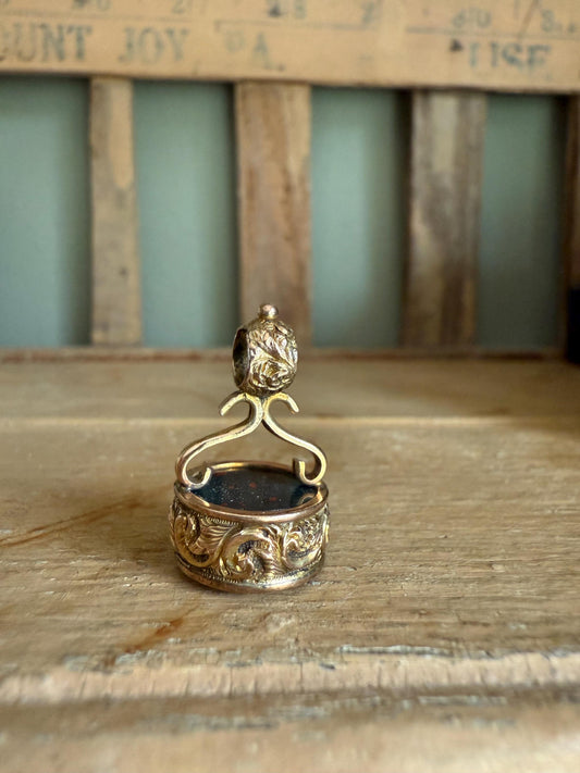 Antique Victorian English 9K Yellow Gold Hand Chased Bloodstone Watch Fob Pendant Charm 1886