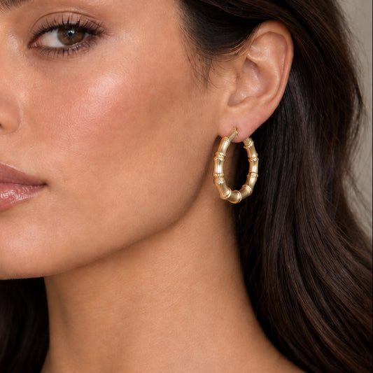 Vintage Large 14K Yellow gold Bamboo Round Hoops
