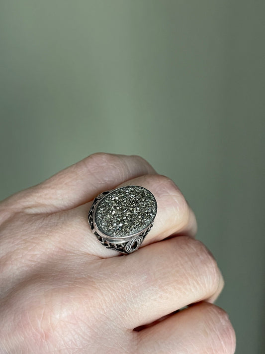 Vintage Filigree Sterling Silver Pyrite Druzy Ring - Size 5.25