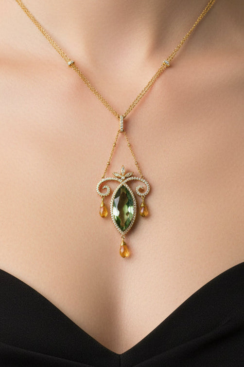Vintage 18K Yellow Gold Art Nouveau Inspired Prasiolite, Diamond and Citrine Necklace