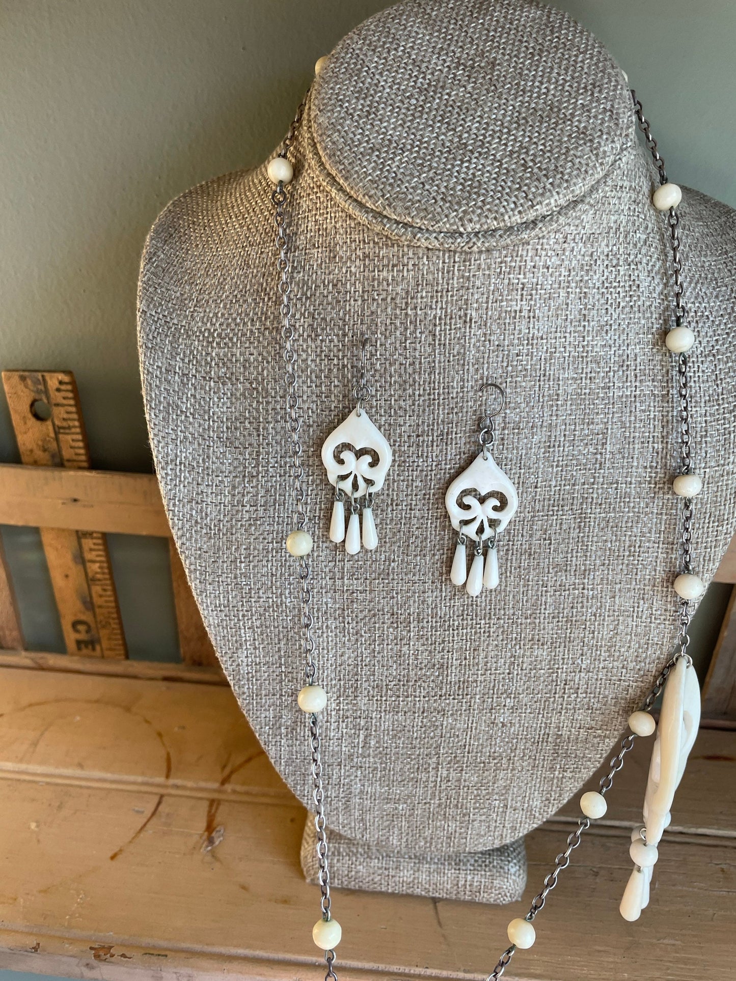 1960's Carved Necklace and Dangle Earrings