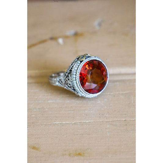 14K White Gold Authentic Art Deco Citrine Ring with Seed Pearl Halo