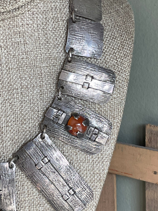 Mid-Century Sterling Silver Carnelian Collar Necklace: Wood Grain Texture