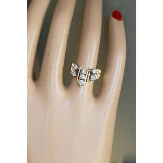 Vintage 1960-1970's 14K Yellow Gold Natural Diamond Set V Statement Ring