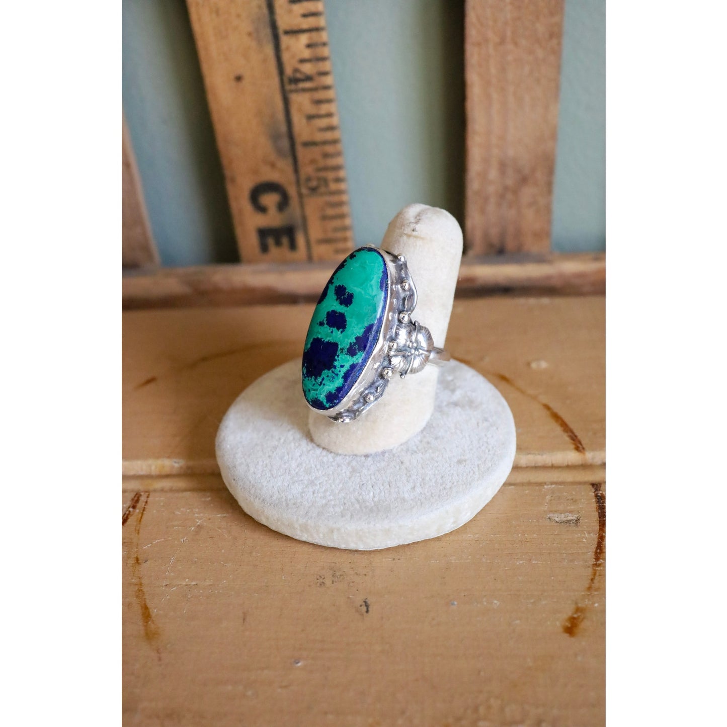 Vintage Sterling Silver Azurite Malachite Statement Ring in an Arts & Crafts Style