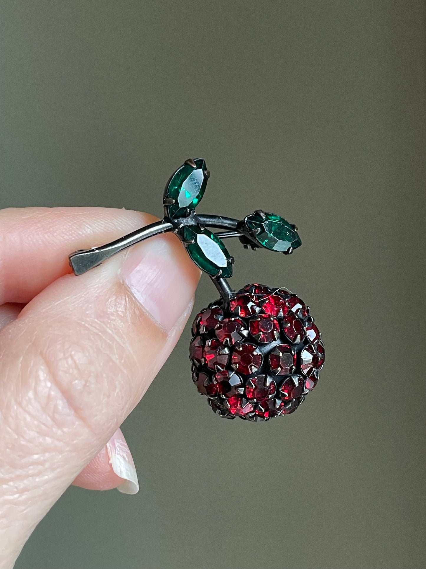 c1950 Warmer Juicy Cherry Rhinestone Brooch