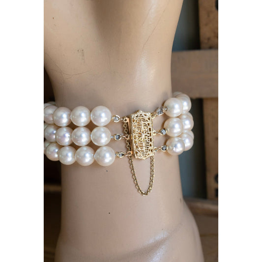 Vintage 14K Yellow Gold Wide Three Strand Pearl Bracelet