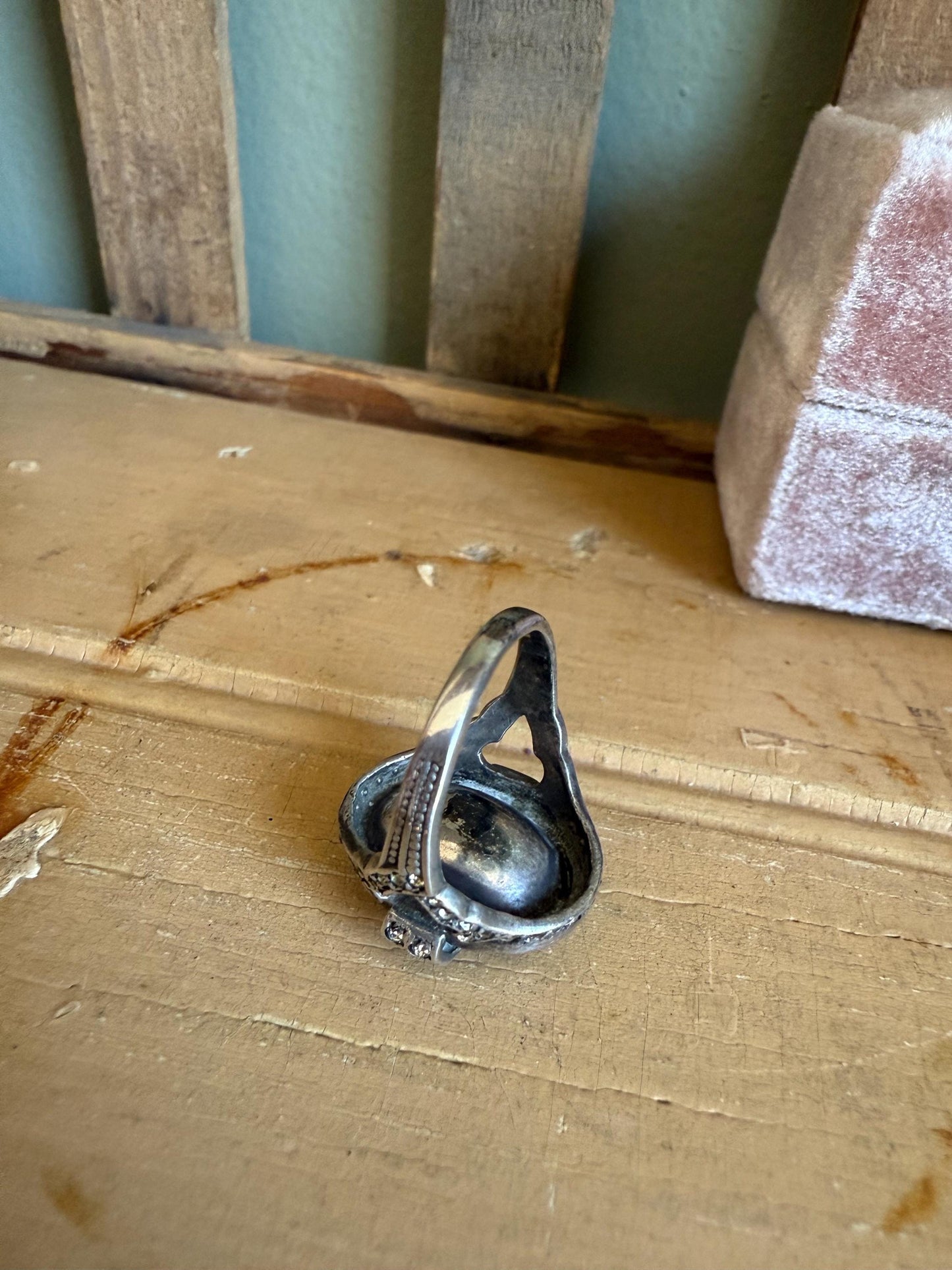 Art Deco Sterling Silver Oval Crystal Ring c1930