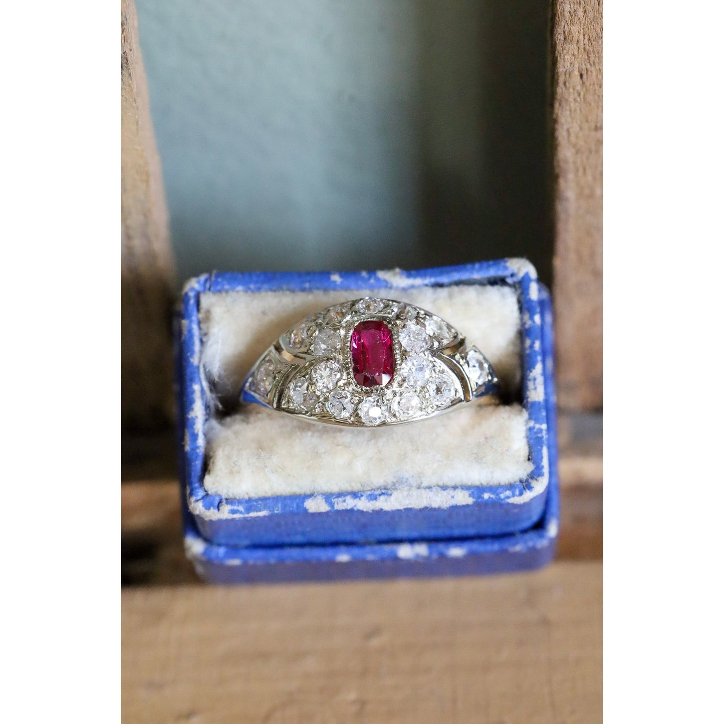 Antique 18K Gold Old Mine Old European Cut Diamonds and Ruby Ring