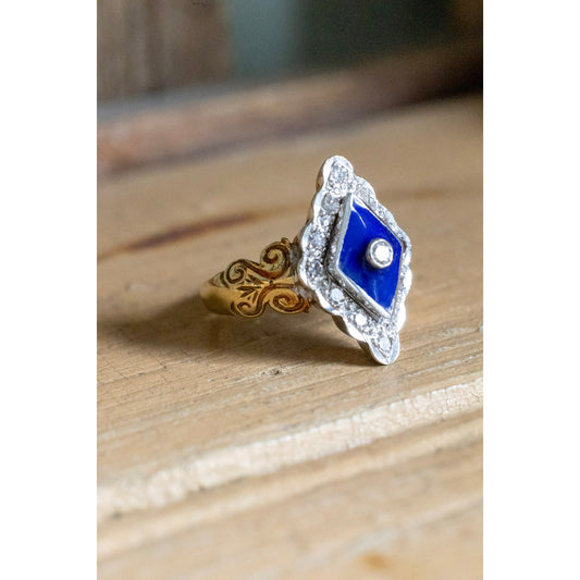 Vintage English Victorian Revival Diamond and Enamel Pinkie Ring