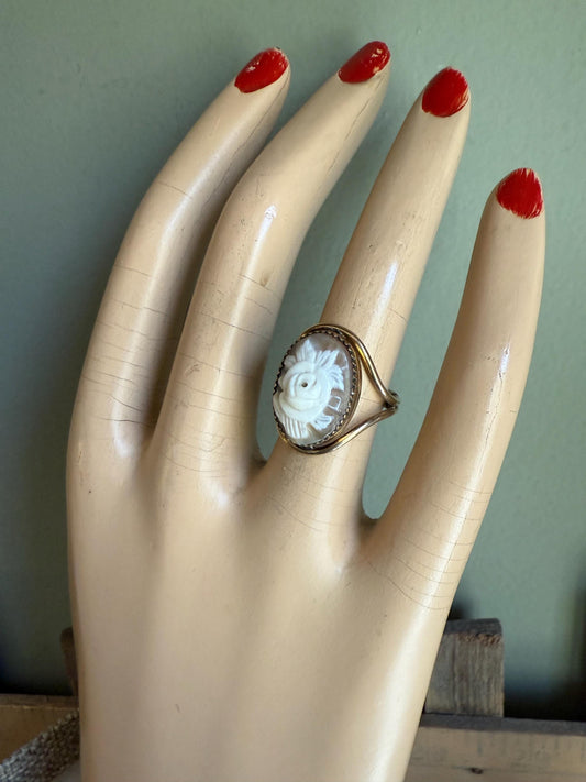 Vintage Burt Cassell 12K Gold Filled Hand Carved Shell Cameo of a Rose Ring