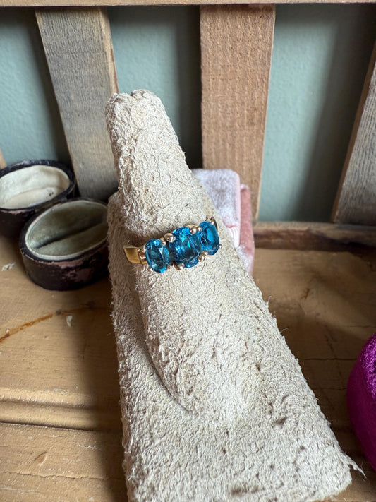 14K Yellow Gold Three Oval Cut London Blue Topaz Ring