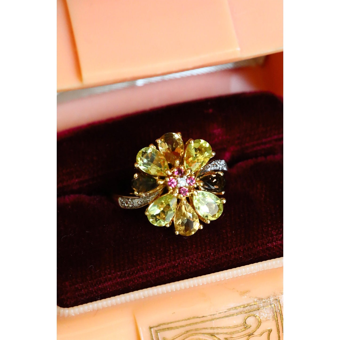 Unique Vintage Multi-Hue Citrine, Ruby and Diamond 10K Yellow Gold Ring