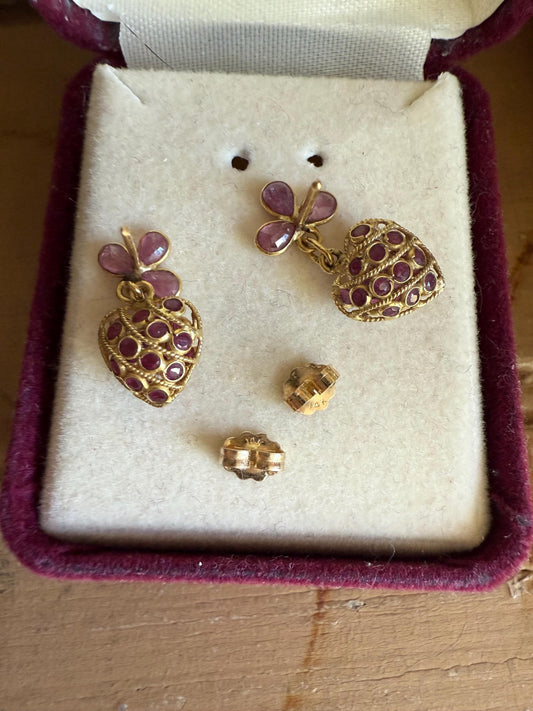 Vintage 18K Yellow Gold Natural Ruby Set Double Sided Heart Earrings