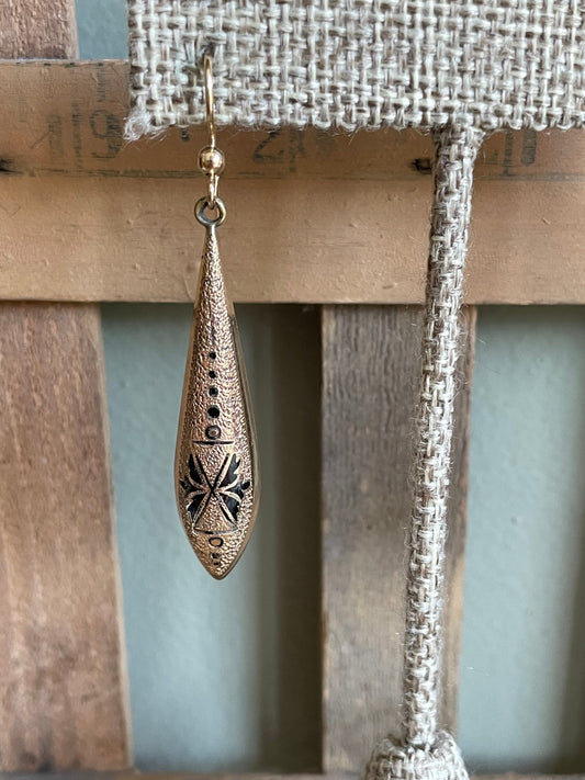 c1880 Victorian Gold Filled Black Tracery Enamel Torpedo Earrings