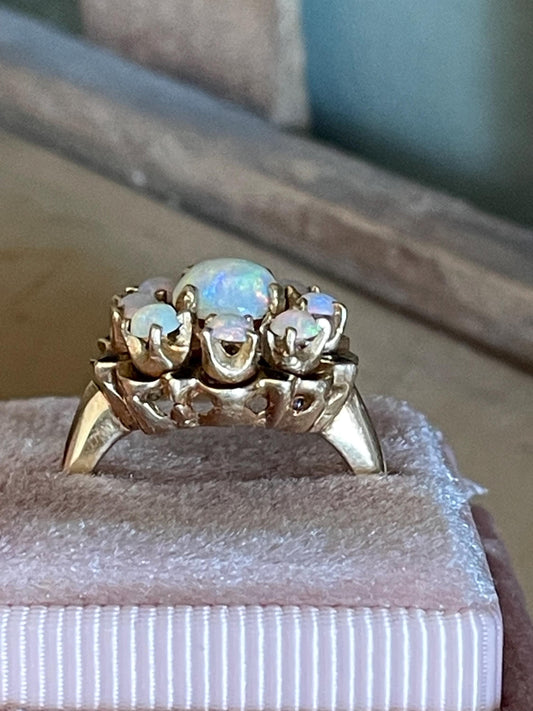 Vintage c1970 14K Yellow Gold Opal and Black Enamel Ring Victorian Revival