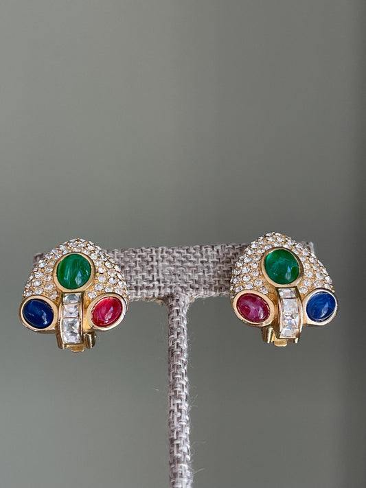 Christian Dior GROSSE 1960 Glass Ruby Sapphire Emerald Designer Clip Earrings