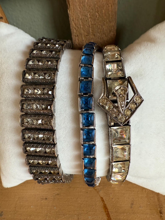 C1930-1940 Art Deco Sterling Silver Crystal / Rhinestone Link Bracelets Pick One or All