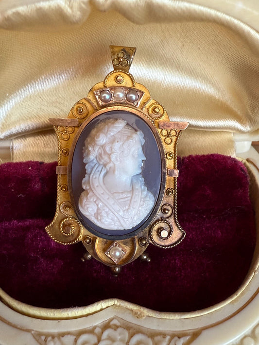 14K Yellow Gold Carved Banded Agate Cameo Pendant Brooch with Natural Seed Pearl Accents