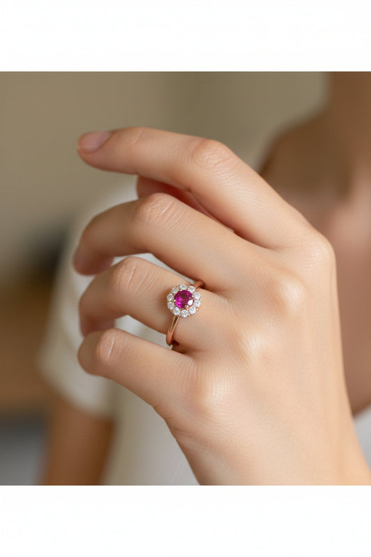 14K Rose Gold Natural Ruby and Diamond Halo Ring