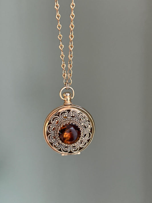c1970 Costume Round Glass Citrine Like Stone Set Locket on Long Chain