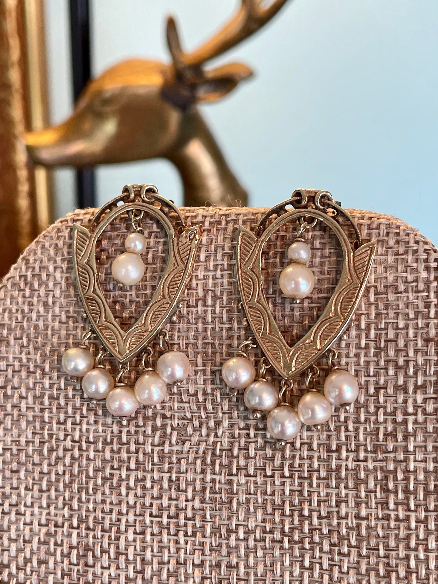 Victorian Revival 10K Yellow Gold Mid Century Pearl Dangle Earrings