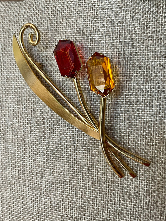 Mid-Century Red and Citrine Glass Fashion Brooch -Huge