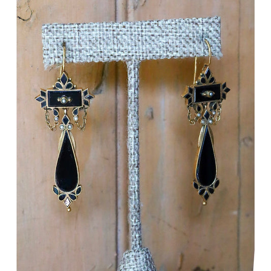 Antique Victorian 14K Gold Black Onyx & Seed Pearl Dangle Earrings