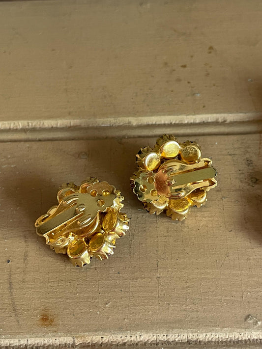 Swinging 1960's Purple and Red Rhinestone Pendant and Earrings Set