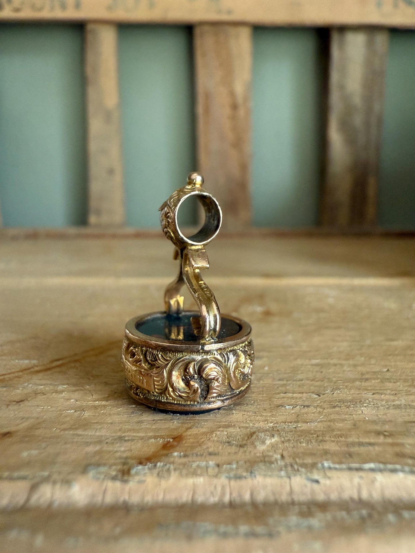 Antique Victorian English 9K Yellow Gold Hand Chased Bloodstone Watch Fob Pendant Charm 1886