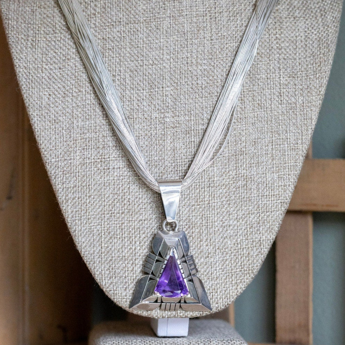 A Bold Sterling Silver Liquid Strand Necklace with Sterling Silver Amethyst Pendant