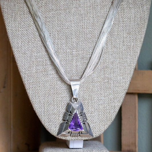 A Bold Sterling Silver Liquid Strand Necklace with Sterling Silver Amethyst Pendant