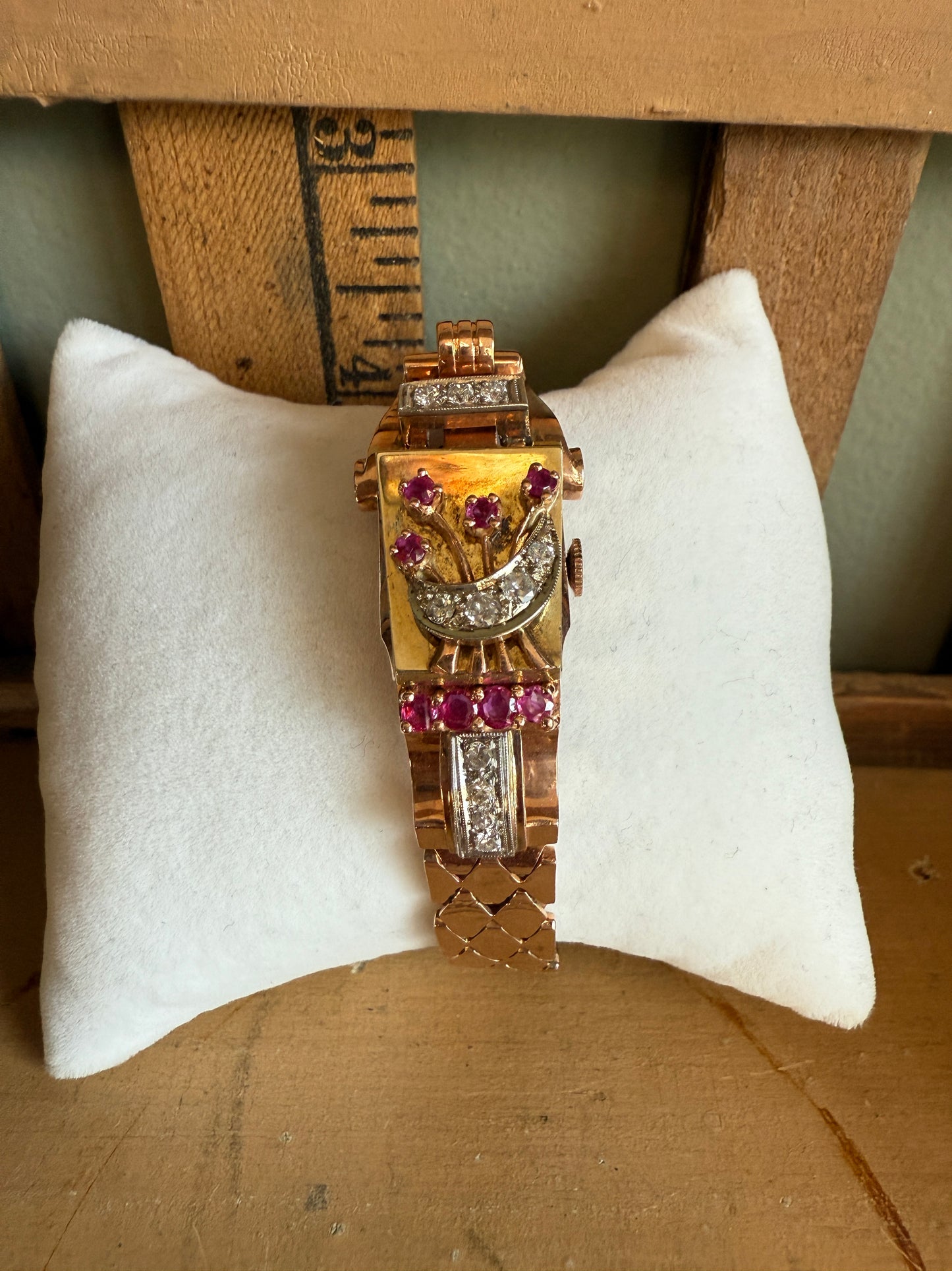 Vintage 1930’s 14K Rose, Green and White Gold Art Deco Ruby and Diamond Surprise Watch