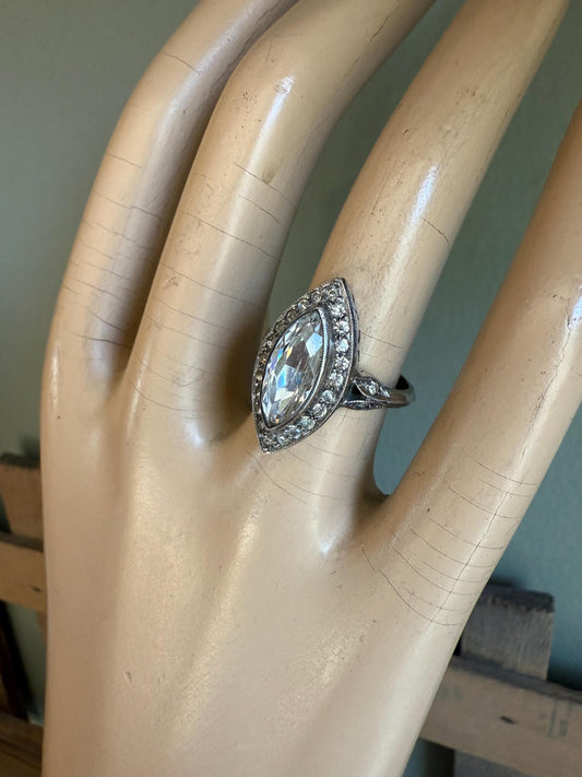c1930 Vintage Art Deco Sterling Silver Marquis Shaped Crystal Ring