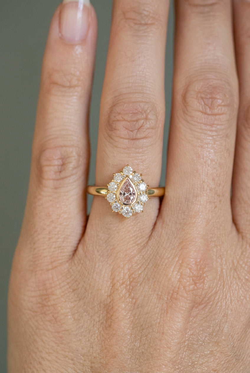 GIA Certified Natural Light Pink-Brown Diamond Ring with Halo in 18K Yellow Gold