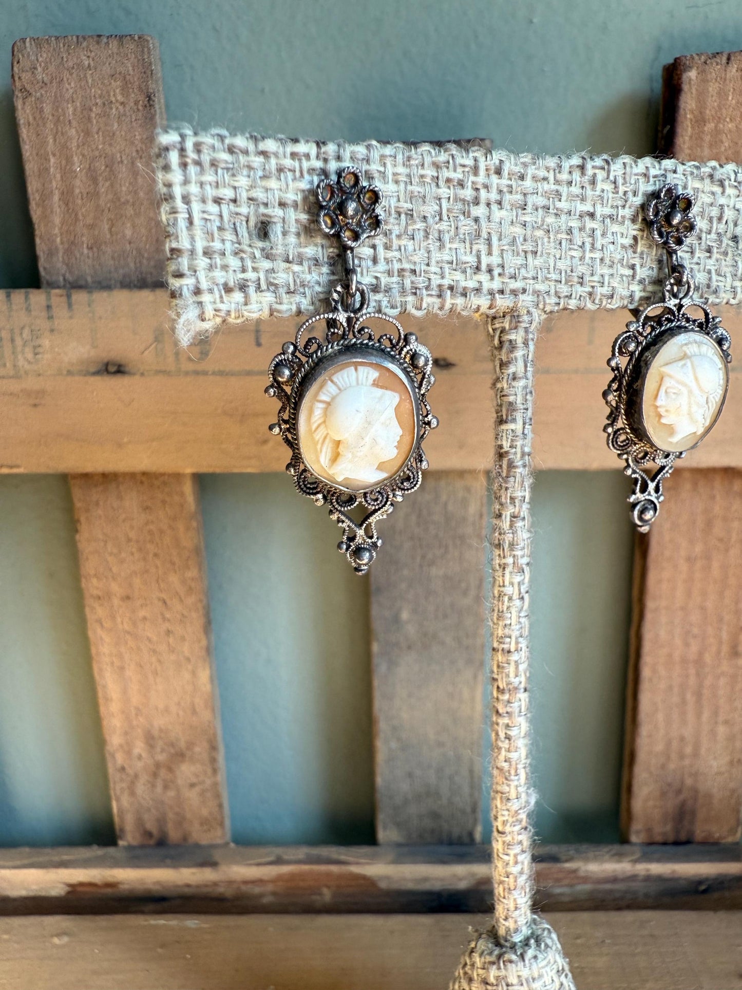 1930-1940 900 Silver Hand Carved Cameo Dangle Earrings