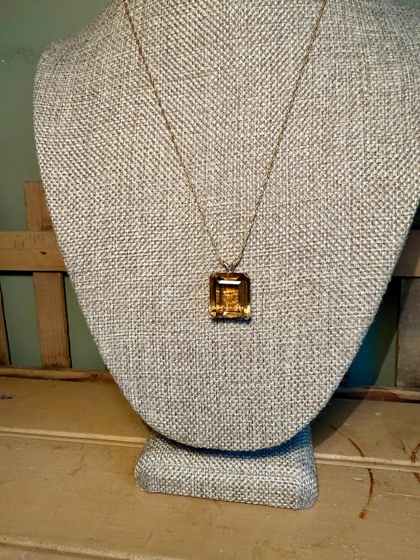 A Vintage 14K Yellow Gold Rectangle Cut Citrine on a 14K Chain