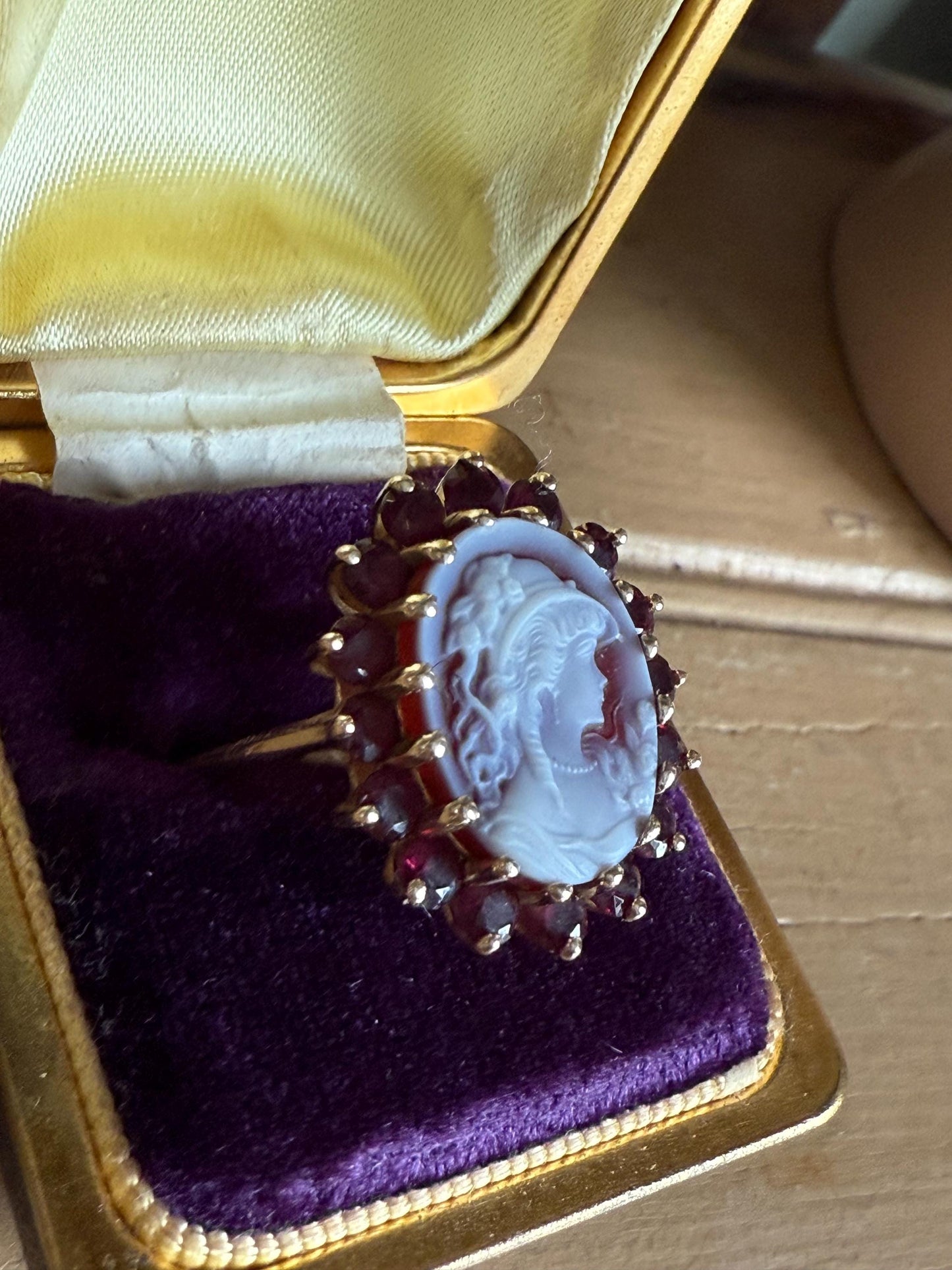 Vintage 14K Yellow Gold Carved Shell Cameo with Pink Tourmaline Halo Ring