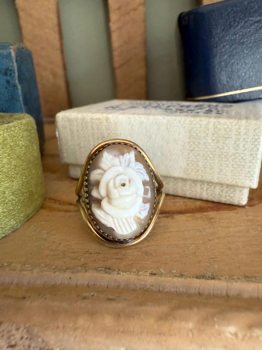 Vintage Burt Cassell 12K Gold Filled Hand Carved Shell Cameo of a Rose Ring